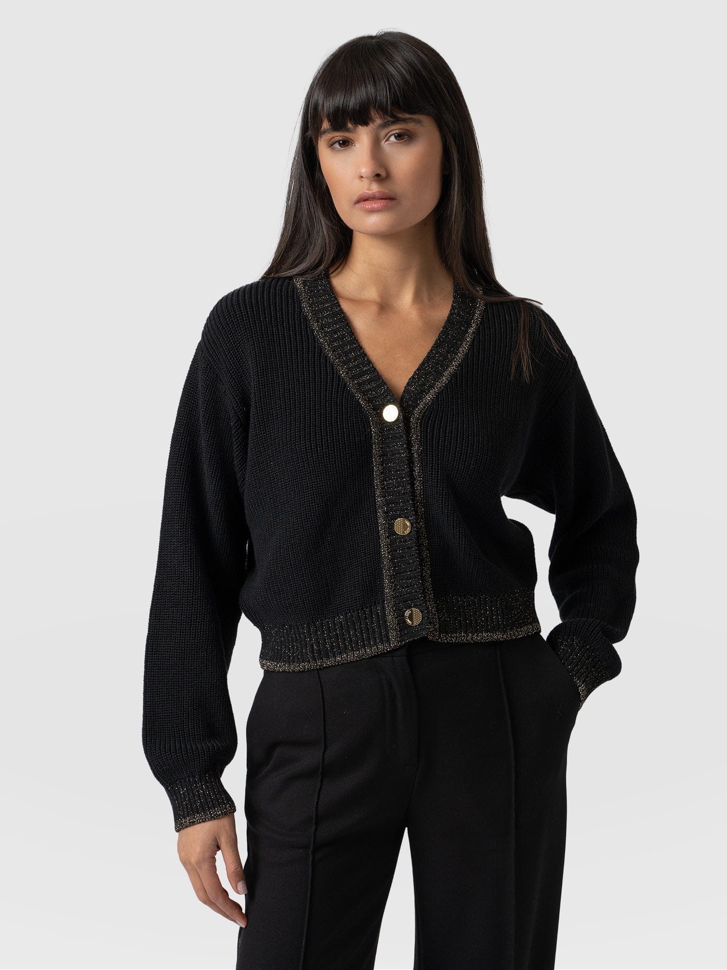 Hatton Crop Cardigan Black Lurex - Women's Cardigans | Saint + Sofia® USA